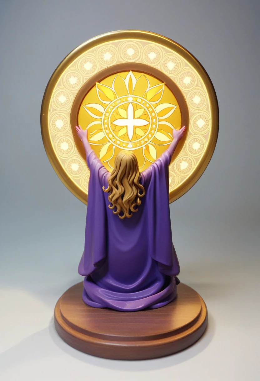 A mystical scene of a person bathed in divine light. A figure with long, wavy hair sits cross-legged in meditation, wearing a flowing purple robe. Their back is to the viewer. Above them, a brilliant, radiant light source emanates beams of golden and rainbow-hued light. The light forms a circular aura, with rays stretching down to envelop the person. The background is dark, enhancing the contrast with the luminous apparition. The overall atmosphere is one of spiritual awakening, transcendence, and connection to a higher power.