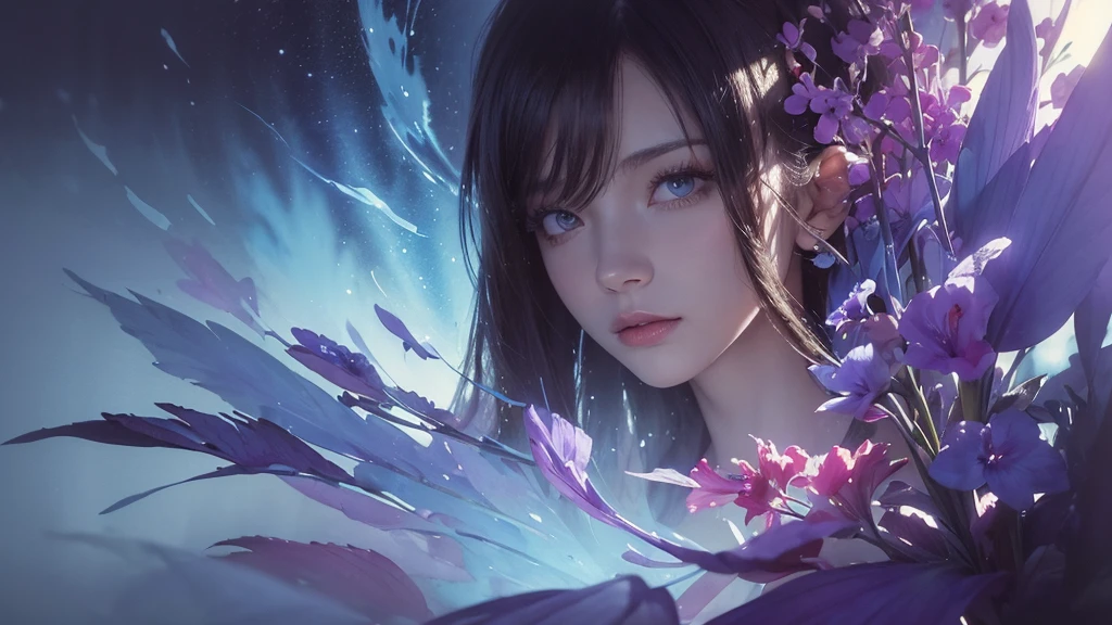 32k, Masterpiece, Highest quality, One girl, Detailed eyes, flower,gladiolus, Light blue and purple style,A dreamy, romantic piece,Pale red, Mysterious Leaves,A playful arrangement,Fantasy,High Contrast,Ink strokes,explosion,Exposure, Impression of light blue and purple tones,Abstract,((Watercolours by John Berkey and Jeremy Mann )) Brush strokes,Negative Space, Tyndall effect,