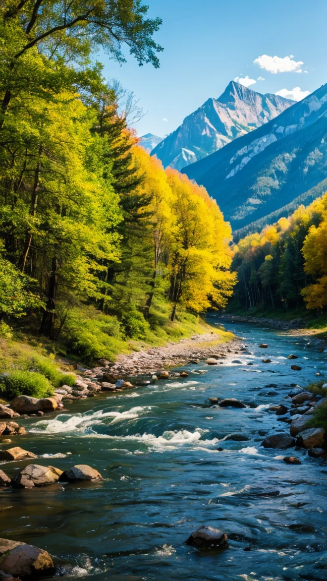 Painted a landscape with a river and mountains, natural scenery,