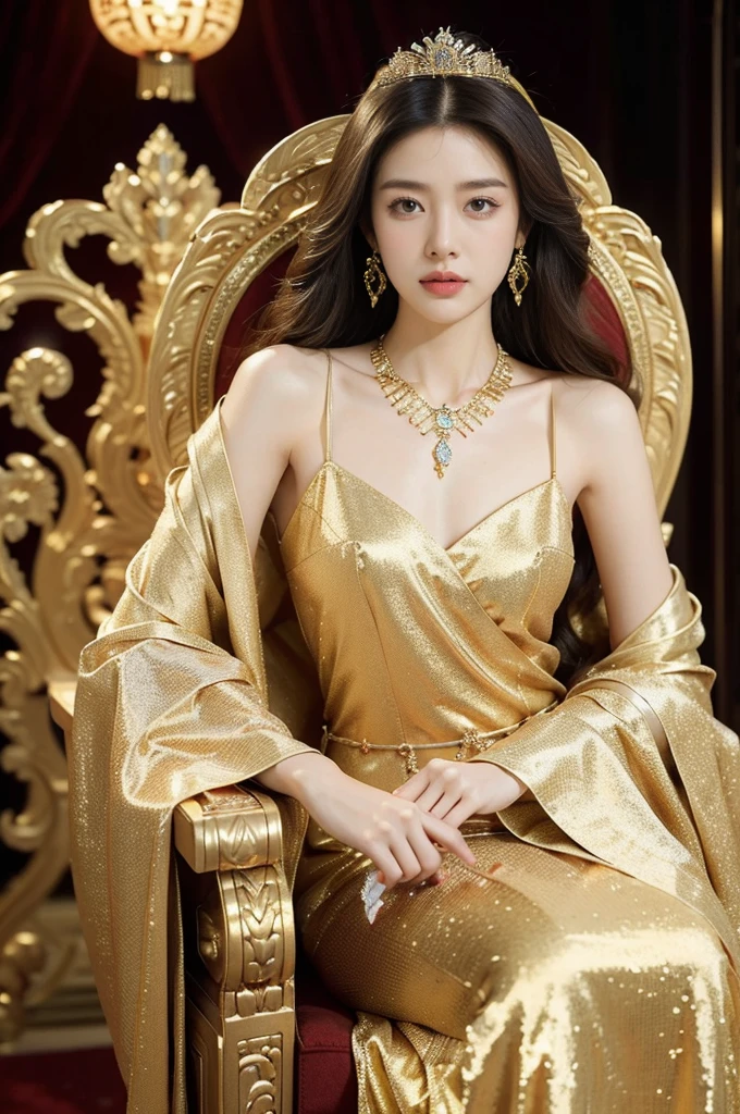 (((best quality))),(((ultra detailed))),(((masterpiece))),illustration,1 girl,solo,slim,thin,shoulder length straight bob hair,earrings,necklace,small breasts,flat chest,Asian appearance,princess,royal,Chinese palace,night scene,magnificent dragon gown,golden crown,intricate embroidery,luxurious fabric,precious stones,(sitting on the metallic throne:1.3),decorative patterns,rich decorations,luxurious furnishings,regal charm,beautiful face,gentle smile,bright eyes,historical,traditional,city lights,modernity,frozen moment,beauty of the past,evolution of time,from front,upper body,