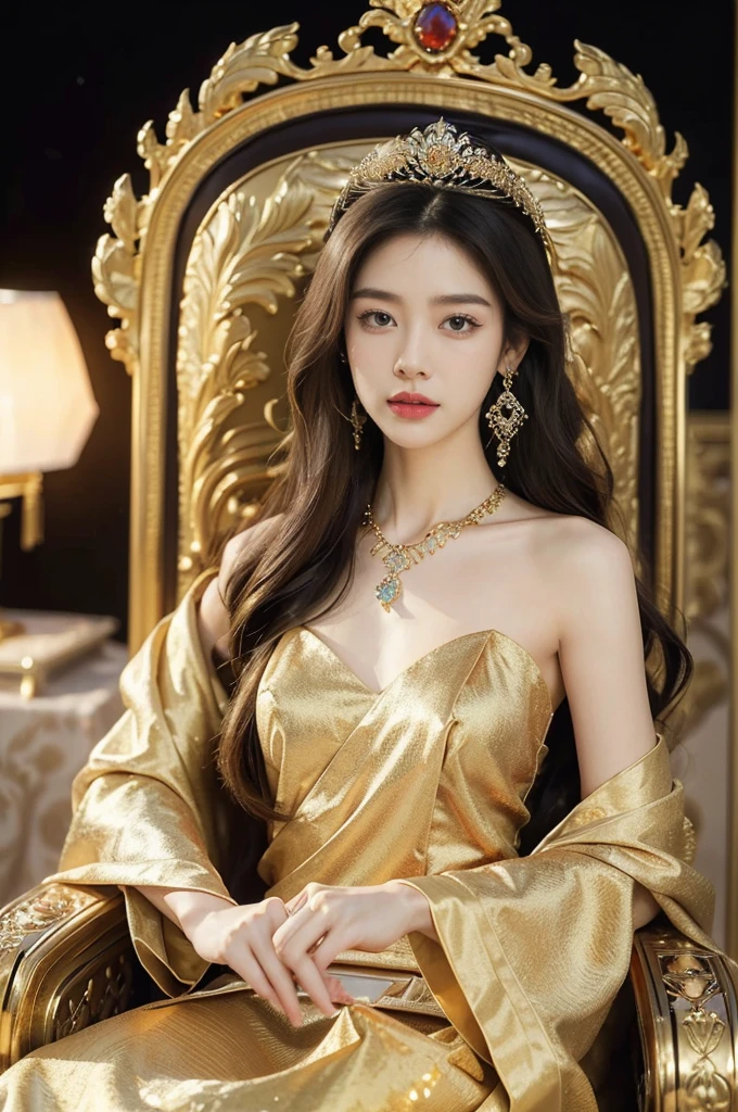 (((best quality))),(((ultra detailed))),(((masterpiece))),illustration,1 girl,solo,slim,thin,shoulder length straight bob hair,earrings,necklace,small breasts,flat chest,Asian appearance,princess,royal,Chinese palace,night scene,magnificent dragon gown,golden crown,intricate embroidery,luxurious fabric,precious stones,(sitting on the metallic throne:1.3),decorative patterns,rich decorations,luxurious furnishings,regal charm,beautiful face,gentle smile,bright eyes,historical,traditional,city lights,modernity,frozen moment,beauty of the past,evolution of time,from front,upper body,