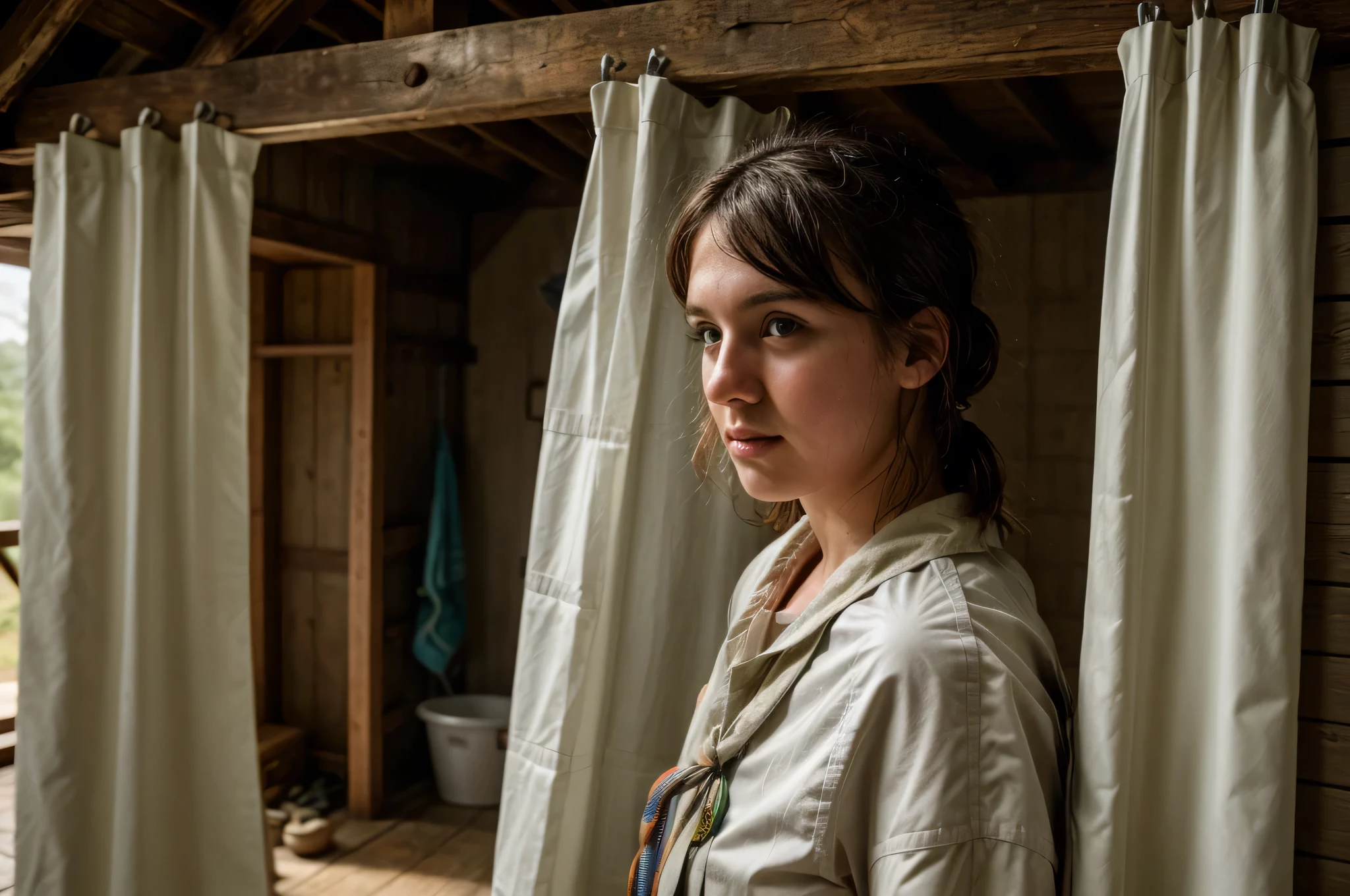 a young white female preparing to shower, young adult boy scout showering, boy scout communal campground shower, boy scout camp, no ceiling, open eye, flimsy wooden walls, hyper detailed, cinematic lighting, intricate details, photorealistic, 8k, vibrant colors, dramatic shadows, warm tones