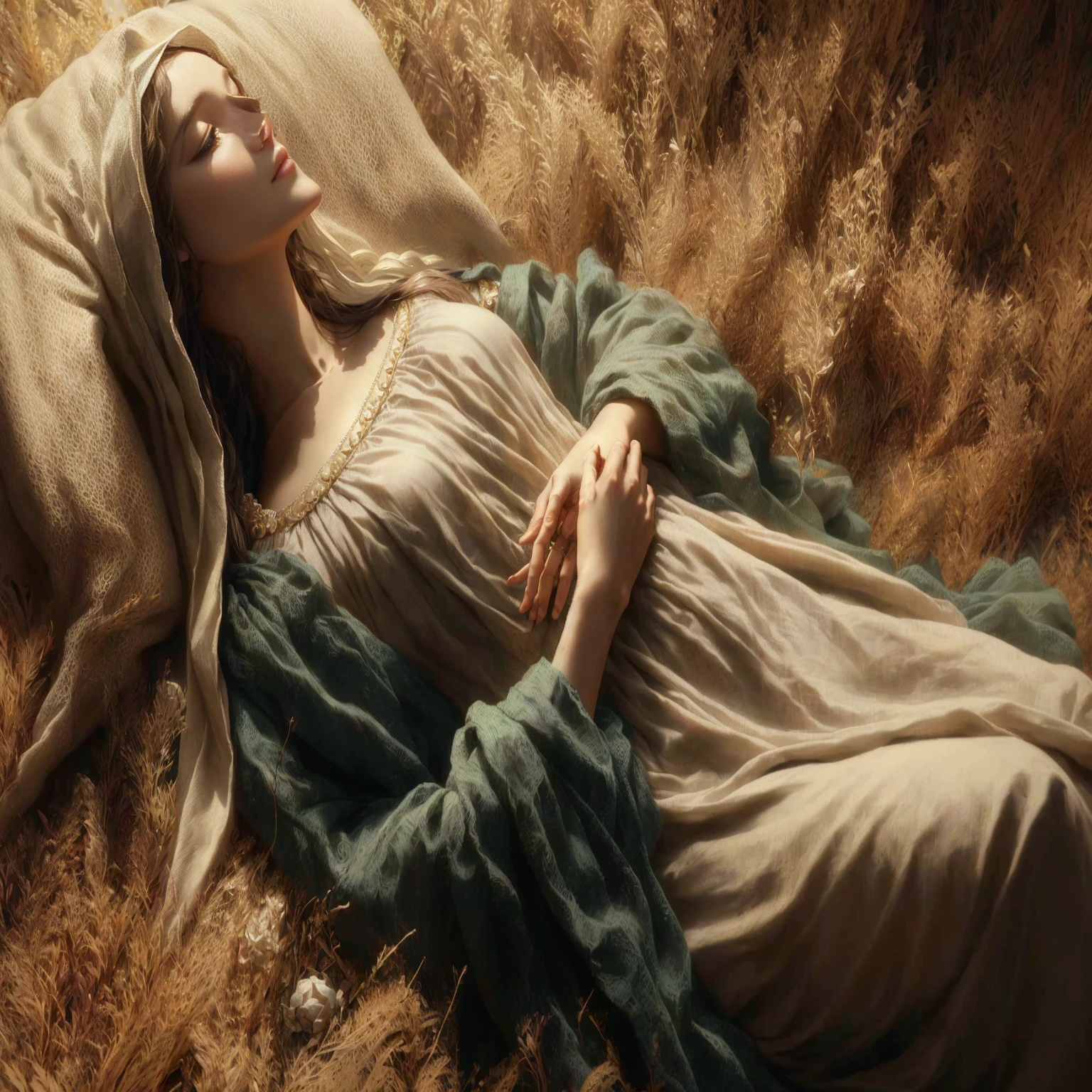 Arafa woman lying on a bed with a blanket on top, realistic 8K bernini sculpture, virgin mary, by Charles Gleyre, Masterpiece by Guweiz, inspired por Pierre Auguste Cot, cg society masterpiece, cgsociety uhd 4k highly detailed, por Pierre Auguste Cot, italian masterpiece, beautiful languid princess, 8K))
