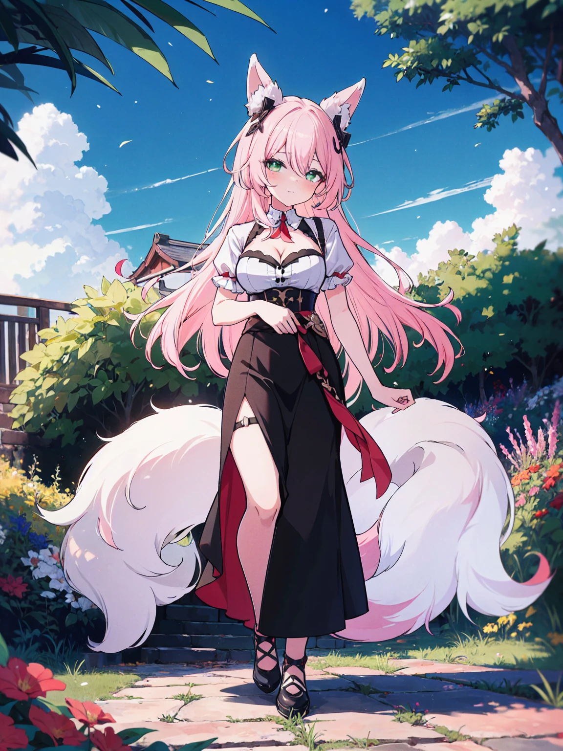 (full-body shot), (colorful:1.1), glowing, (ultra-high resolution, depth of field:1.2), (Tingyun), (Honkai Star Rail:1.1), solo, fox ears, four fox tails, fluffy tails, green eyes, (red underliner), long white hair with a hint of pink, medium breasts, (long black dress with a waist cincher), crossed collar shirt, cleavage, bare legs, (squinting eyes), garden scenery