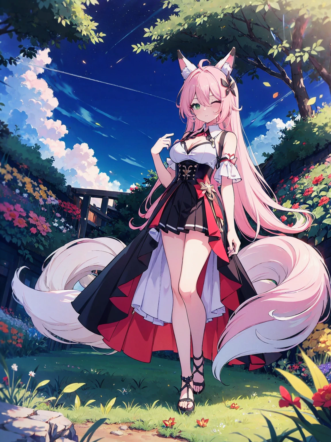 (full-body shot), (colorful:1.1), glowing, (ultra-high resolution, depth of field:1.2), (Tingyun), (Honkai Star Rail:1.1), solo, fox ears, four fox tails, fluffy tails, green eyes, (red underliner), long white hair with a hint of pink, medium breasts, (long black dress with a waist cincher), crossed collar shirt, cleavage, bare legs, (squinting eyes), garden scenery