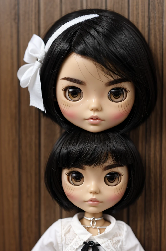 create a blythe doll with a ponytail and bangs on the sides, brown eyes and troguena skin