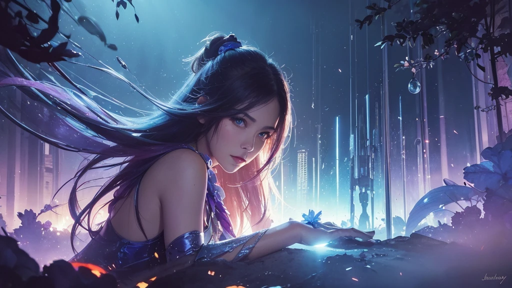 32k, Masterpiece, Highest quality, One girl, Detailed eyes, flower,gladiolus, Light blue and purple style,A dreamy, romantic piece,Pale red, Mysterious Leaves,A playful arrangement,Fantasy,High Contrast,Ink strokes,explosion,Exposure, Impression of light blue and purple tones,Abstract,((Watercolours by John Berkey and Jeremy Mann )) Brush strokes,Negative Space, Tyndall effect,