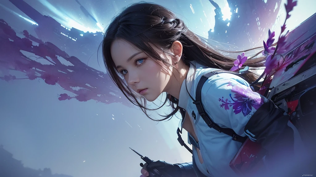 32k, Masterpiece, Highest quality, One girl, Detailed eyes, flower,gladiolus, Light blue and purple style,A dreamy, romantic piece,Pale red, Mysterious Leaves,A playful arrangement,Fantasy,High Contrast,Ink strokes,explosion,Exposure, Impression of light blue and purple tones,Abstract,((Watercolours by John Berkey and Jeremy Mann )) Brush strokes,Negative Space, Tyndall effect,