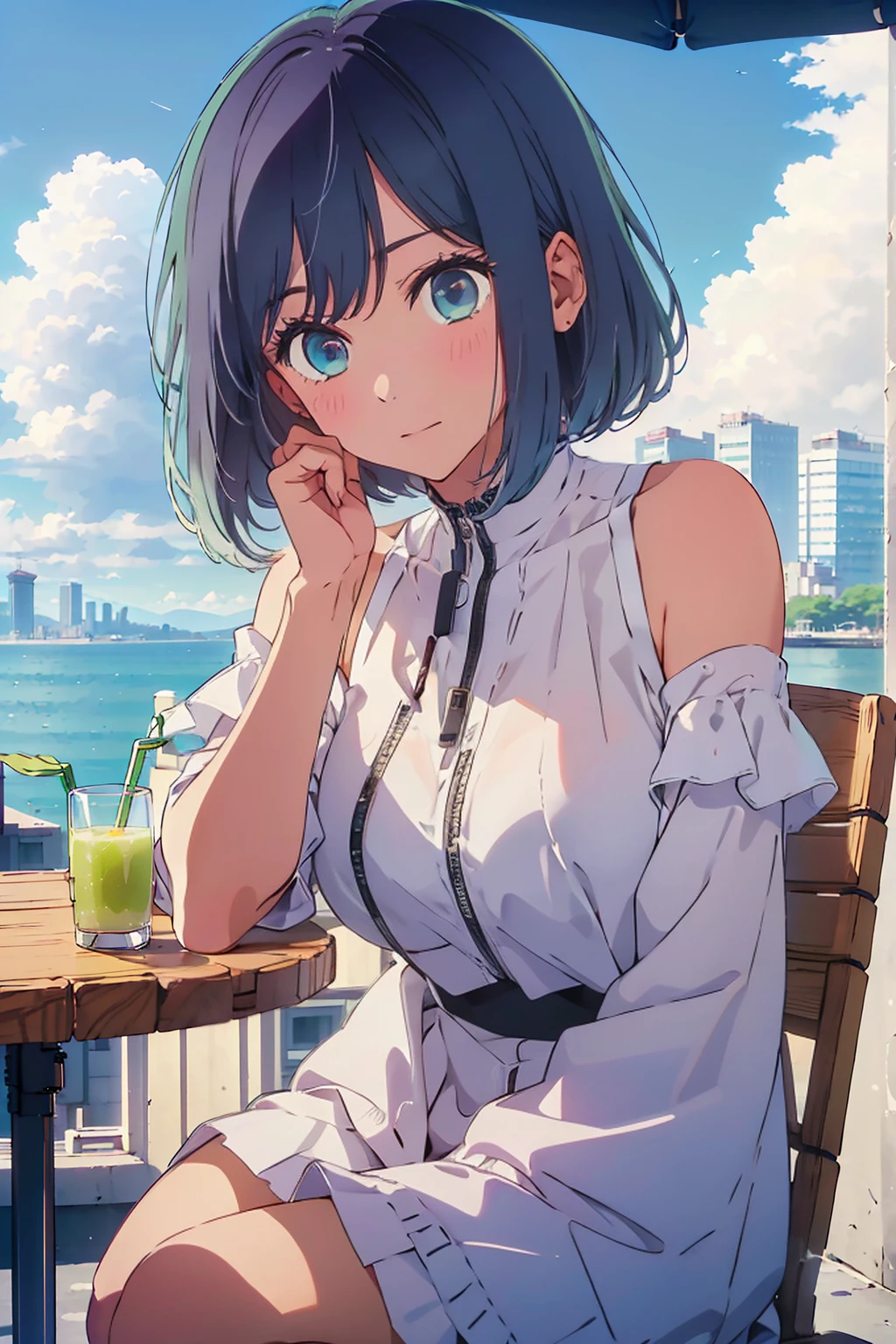(Highest quality:1.4、8K:1.4、detailed)、F cup bust、Big Breasts、Slim body、Very white beautiful skin、((((1 person、Surprised expression、sit、Chair、In the background are the urban buildings of Tokyo、looking at the camera、Outdoor café terrace、Navy hair color、juice、table、Very cute face))))、((((nude、Areola))))、(Pose with hair tucked behind ear with one hand:1.4、Cheek resting on hand:1.4)、Nipples、(Off-the-shoulder black blouson with zipper)、Very blue sky、A completely cloudless sky