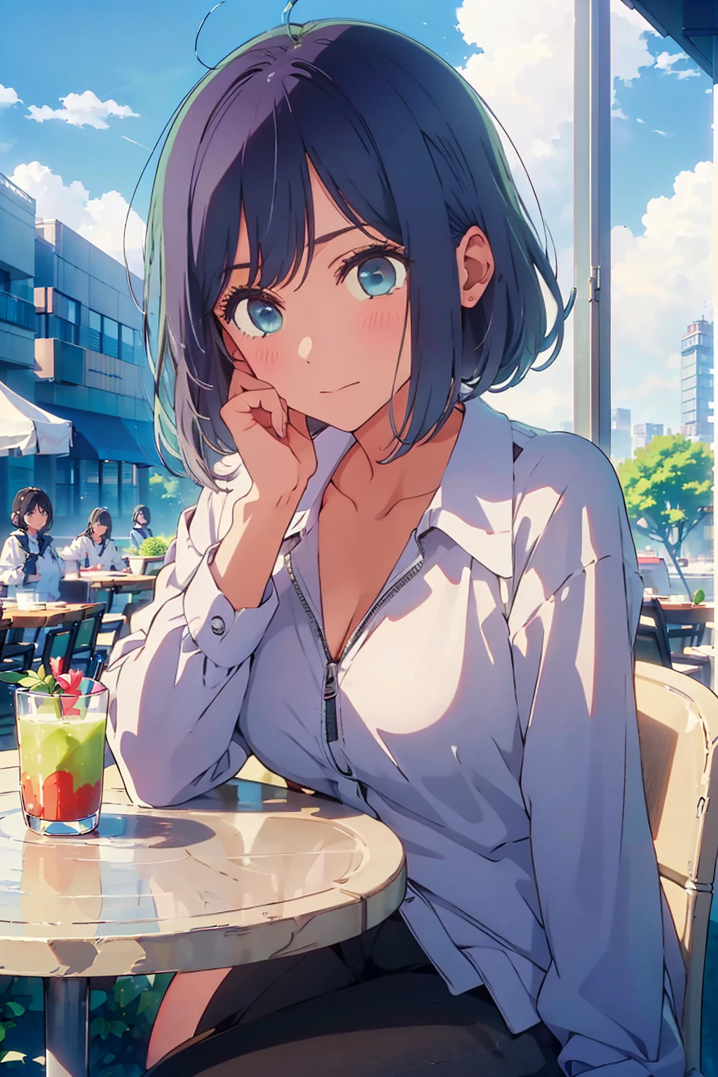 (Highest quality:1.4、8K:1.4、detailed)、F cup bust、Big Breasts、Slim body、Very white beautiful skin、((((1 person、Surprised expression、sit、Chair、In the background are the urban buildings of Tokyo、looking at the camera、Outdoor café terrace、Navy hair color、juice、table、Very cute face))))、((((nude、Areola))))、(Pose with hair tucked behind ear with one hand:1.4、Cheek resting on hand:1.4)、Nipples、(Off-the-shoulder black blouson with zipper)、Very blue sky、A completely cloudless sky