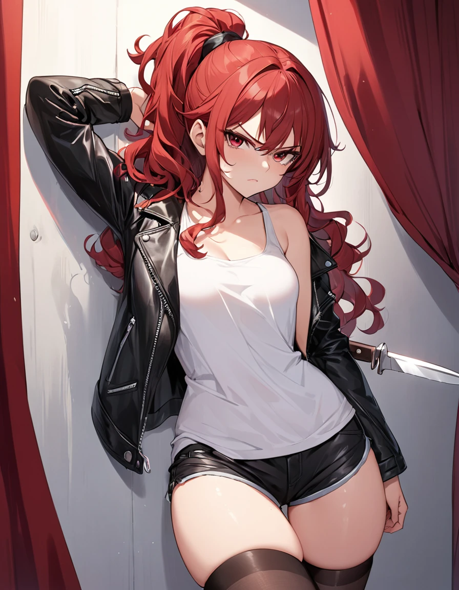 BREAK Perfect Anatomy、Highest quality、(cute:1.1)、(cute)、(High resolution:1.2)、Unbelievably absurd:1.3、Incredible illustrations、(cuteイラスト:1.2)、nsfw,(Beautiful background、Late Night、Bedroom、Red Curtain)、1gial(Red hair、strong wavy hair、ponytail)
,(leather jacket、Shorts、White tank top、Thigh-high stockings)Holding a large knife in his hand、Against the wall、Glaring at me