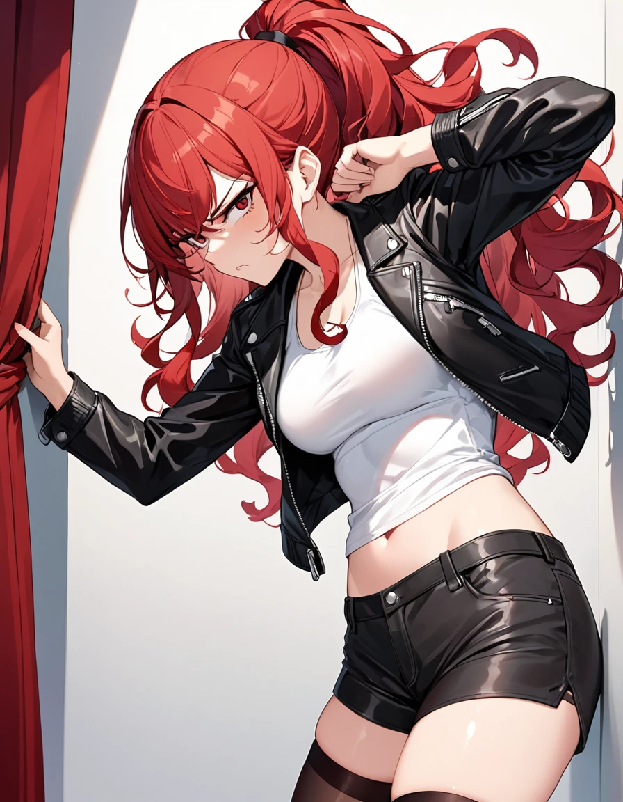 BREAK Perfect Anatomy、Highest quality、(cute:1.1)、(cute)、(High resolution:1.2)、Unbelievably absurd:1.3、Incredible illustrations、(cuteイラスト:1.2)、nsfw,(Beautiful background、Late Night、Bedroom、Red Curtain)、1gial(Red hair、strong wavy hair、ponytail)
,(leather jacket、Shorts、White tank top、Thigh-high stockings)Holding a large knife in his hand、Against the wall、Glaring at me
