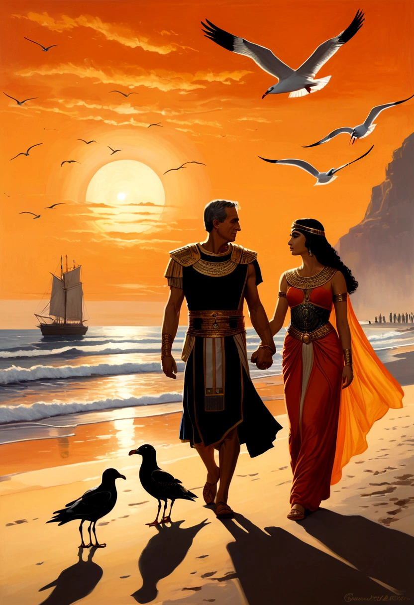 painting of Julius Caesar and Cleopatra walk hand in hand along the beach at dusk, with the sun setting on the horizon and seagulls flying in the background. They're sweethearts, enjoying a romantic moment by the sea. Their silhouettes stand out against the orange sky, symbolizing the union of two historical figures in a peaceful and intimate setting.