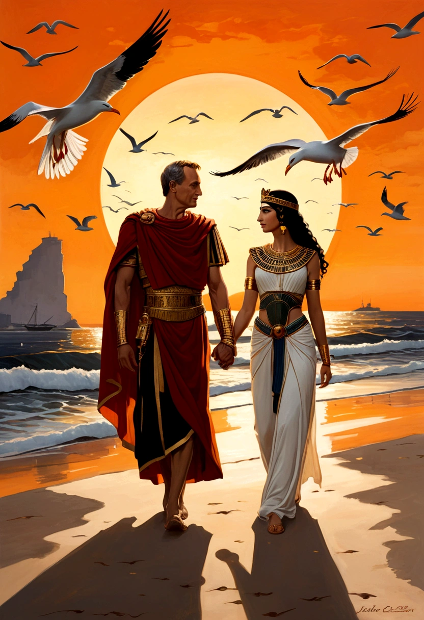 painting of Julius Caesar and Cleopatra walk hand in hand along the beach at dusk, with the sun setting on the horizon and seagulls flying in the background. They're sweethearts, enjoying a romantic moment by the sea. Their silhouettes stand out against the orange sky, symbolizing the union of two historical figures in a peaceful and intimate setting.