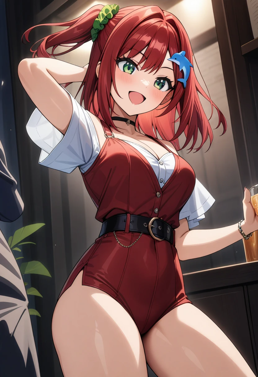 1girl, sakimiya iruka, dolphin wave, red hair, green scrunchie, hair ornament, green eyes,
smile,
masterpiece, best quality, very aesthetic, newest, cinematic lighting, highres, absurdres, incredibly absurdres,