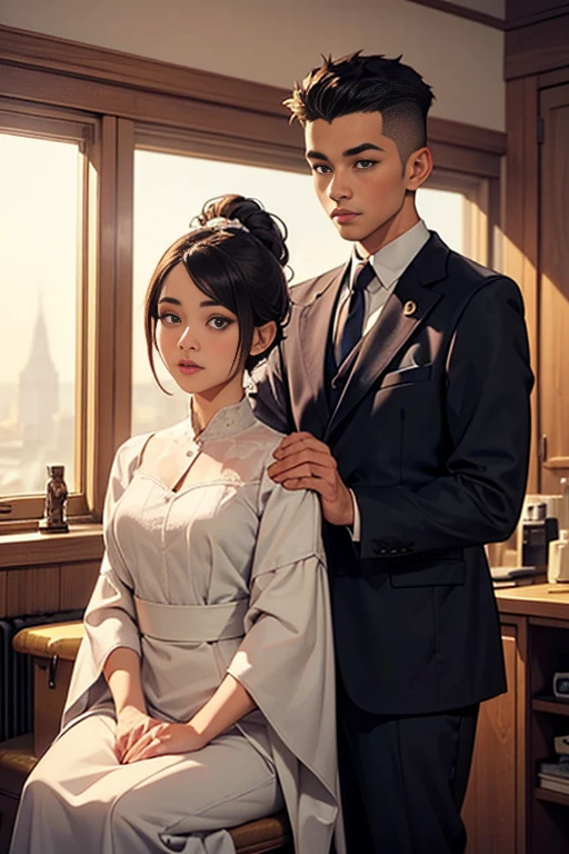 The photo shows a woman and an .、barber、A young and very beautiful woman(Wearing a barber&#39;s uniform、skirt、(Cutting a boy&#39;s hair:1.7)、少年はbarberのイスに座る、A woman&#39;s gentle smile、Big Breasts、Boy looking at woman&#39;s breasts、Fine facial features、Beautiful Eyes、Long eyelashes、Highly detailed and realistic cinematic lighting、Glowing Skin、Delicate hands、Warm tones、Soft focus background、