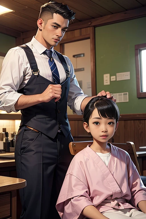 The photo shows a woman and an .、barber、A young and very beautiful woman(Wearing a barber's uniform、skirt、(Cutting a boy's hair:1.7)、少年はbarberのイスに座る、A woman's gentle smile、Big Breasts、Boy looking at woman's breasts、Fine facial features、Beautiful Eyes、Long eyelashes、Highly detailed and realistic cinematic lighting、Glowing Skin、Delicate hands、Warm tones、Soft focus background、