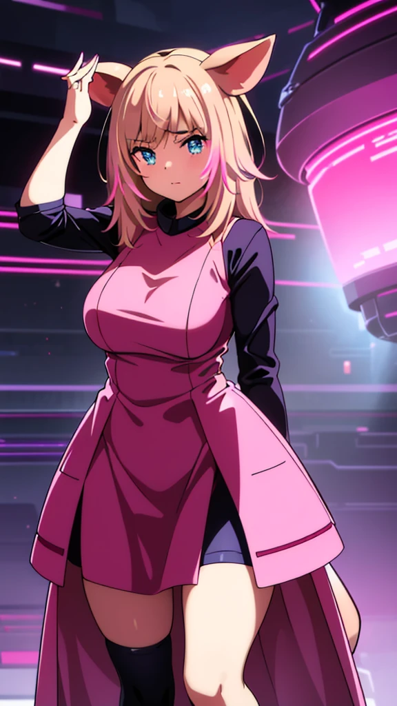 A beautiful girl with pig ears and a pig nose, wearing a pink dress, hugging a large robot with the face of a human man, in a futuristic sci-fi landscape with neon lights, glowing lines, and floating elements, highly detailed, masterpiece, digital art, cinematic lighting, vibrant colors, photorealistic