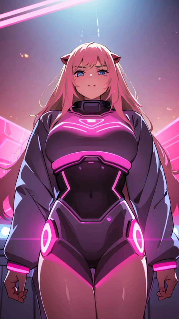 A beautiful girl with pig ears and a pig nose, wearing a pink dress, hugging a large robot with the face of a human man, in a futuristic sci-fi landscape with neon lights, glowing lines, and floating elements, highly detailed, masterpiece, digital art, cinematic lighting, vibrant colors, photorealistic