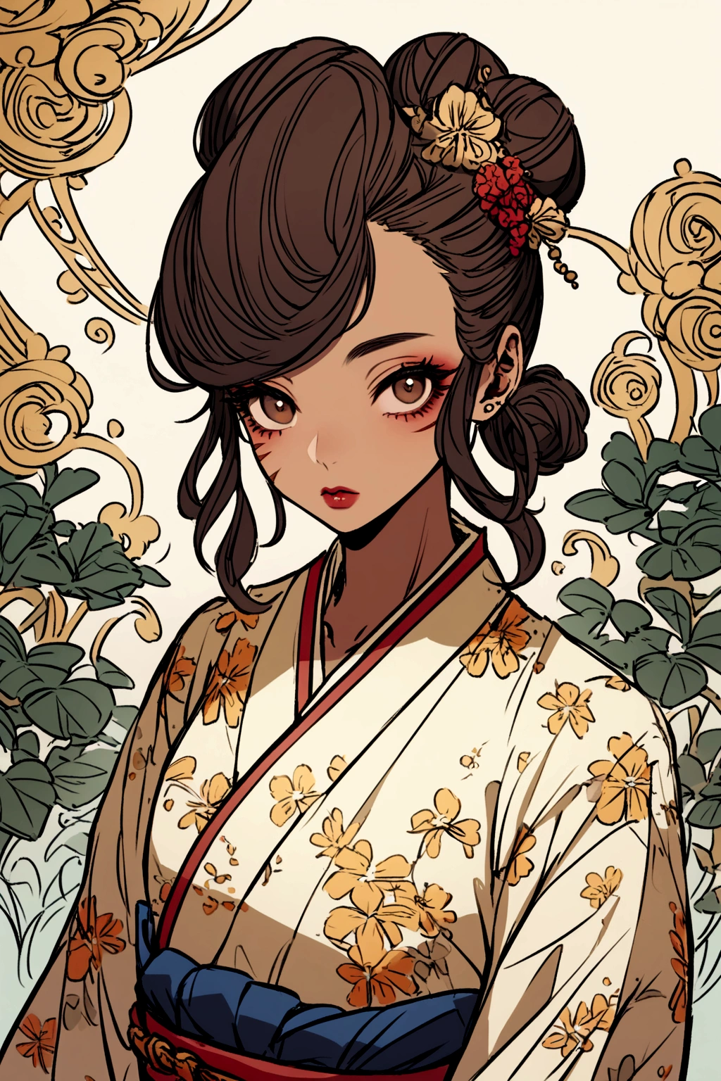 skin woman "honey", brown eyes with some dark circles, a slight scar on the left cheek, medium hair with a bun, peculiar pompadour, clothing with a yukata,