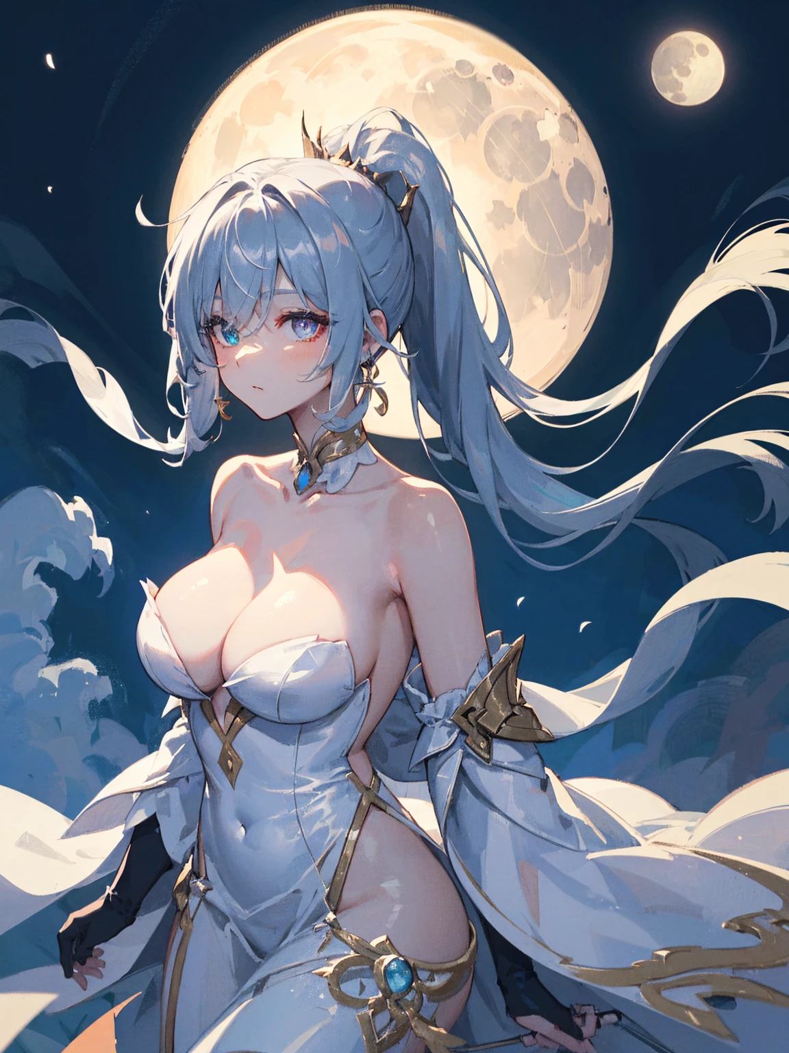 Masterpiece, (Best Quality: 1.2), (Super Fine: 1.2), Illustration, (Extremely Delicate and Beautiful: 1.2), Film Angle, Floating, (Beautiful Detail Eye: 1.1), (Detail Light: 1.1), (hair over one eye), (heterochromia), (nude), (completely nude), large breasts, detailed collarbone, perfect collarbone, Film Lights, Delicate Sky, Woman, White Hair, Blue Eyes, (High Ponytail: 1.1), Cloak, Glowing Eyes, (Moon: 1.2), (Moonlight: 1.1), Starry Sky, (Light Particles: 1.1), Fog , snow painting, sketching, blooming