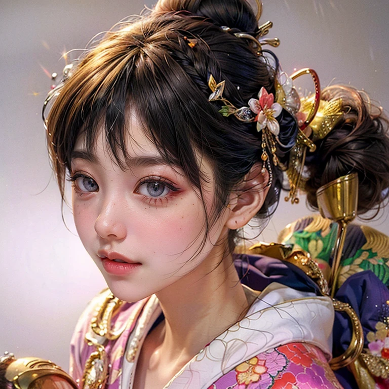 (PUNIPUNI clavicle KIMONO ((offshoulder)) KANZASHI FlowerHairpins Topknot TwinBun Oiran-Hair)High-level, 8K Masterpiece TopQuality, Ultra-detailed CG, Absurd detailed wallpaper, PerfectLighting, Extremely detailed (((Personifying " OIRAN " as a KAWAII Girl))), Characteristic Items, aesthetic LifeLike Rendering, MysticSight, Haze Tyndall Scattering, (Studio GRAY Background with (Oodles Dazzling Iridescent 🌈Particles (BokeH))), (((Assfocus)) RoundlyButt) ThighGap, (Exposed:0.44) 🔞 BREAK (Acutance:0.8), (NOGIZAKA FaceVariations) Extremely Detailed very KAWAII FaceVariations, Childish CaptivatingGaze ElaboratePupils ParfectEyes with (SparklingHighlights:1.28), (Voluminous LongEyelashes:0.88), 💄💋✨ GlossyRedLips with BeautifulDetails, CoquettishTongue, PUNIPUNI RosyCheeks, Radiant PearlSkin with Transparency, Glowing DowneyHair . { (Dynamic LifeLike expressions:1.4) | (:d) }, (large eyes:-1) .