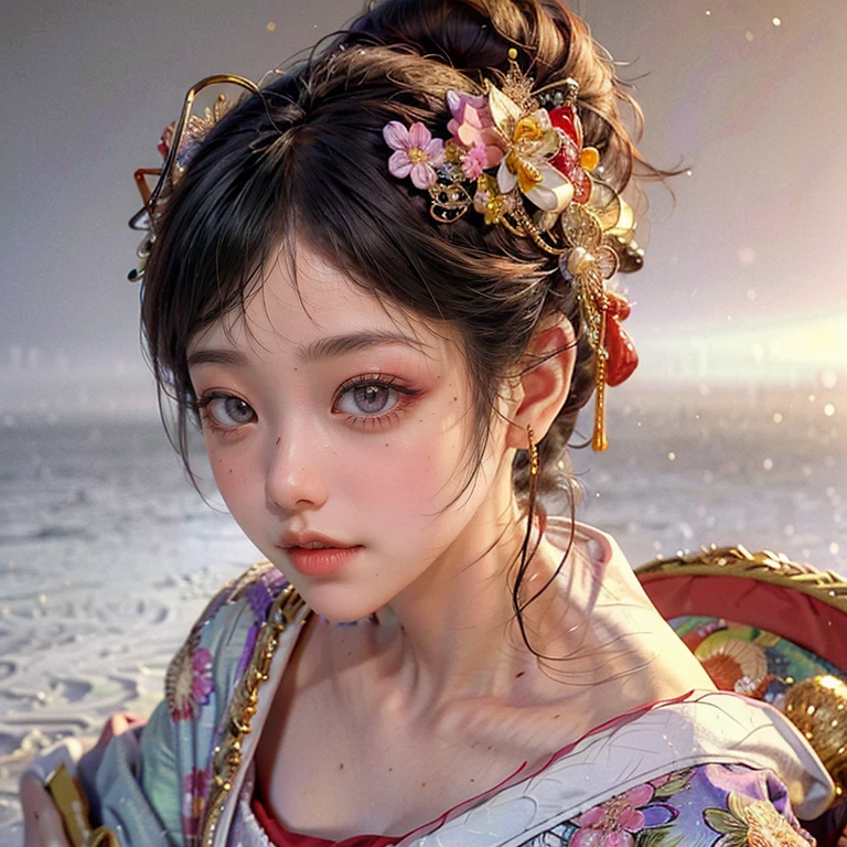 (PUNIPUNI clavicle KIMONO ((offshoulder)) KANZASHI FlowerHairpins Topknot TwinBun Oiran-Hair)High-level, 8K Masterpiece TopQuality, Ultra-detailed CG, Absurd detailed wallpaper, PerfectLighting, Extremely detailed (((Personifying " OIRAN " as a KAWAII Girl))), Characteristic Items, aesthetic LifeLike Rendering, MysticSight, Haze Tyndall Scattering, (Studio GRAY Background with (Oodles Dazzling Iridescent 🌈Particles (BokeH))), (((Assfocus)) RoundlyButt) ThighGap, (Exposed:0.44) 🔞 BREAK (Acutance:0.8), (NOGIZAKA FaceVariations) Extremely Detailed very KAWAII FaceVariations, Childish CaptivatingGaze ElaboratePupils ParfectEyes with (SparklingHighlights:1.28), (Voluminous LongEyelashes:0.88), 💄💋✨ GlossyRedLips with BeautifulDetails, CoquettishTongue, PUNIPUNI RosyCheeks, Radiant PearlSkin with Transparency, Glowing DowneyHair . { (Dynamic LifeLike expressions:1.4) | (:d) }, (large eyes:-1) .