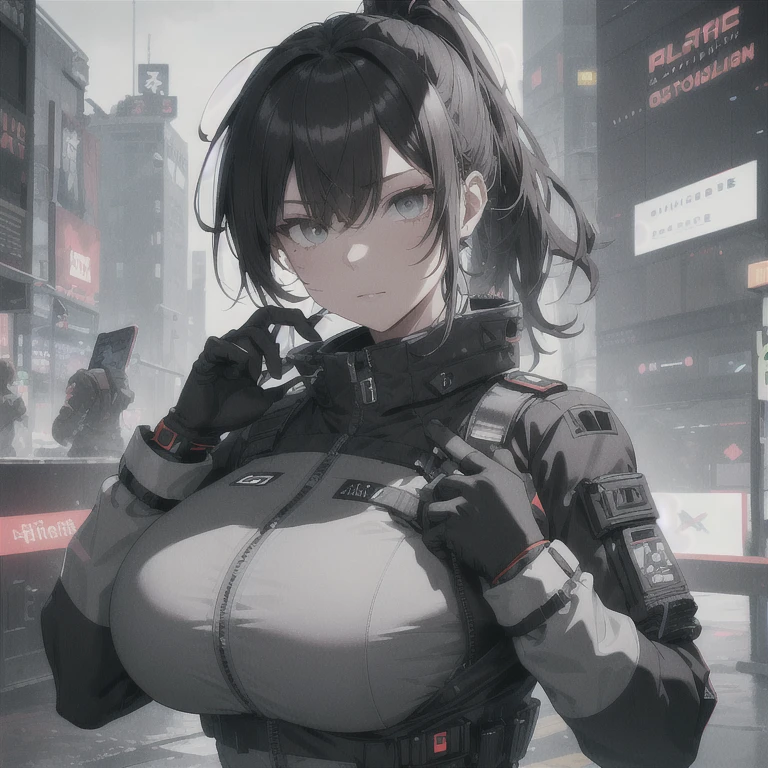 Absurd resolution, high resolution, (masterpiece: 1.4), hyper-detail, fullbody image, solo, 1 kemono feline cat woman, black hair, messy ponytail, cute face, detailed soft grey eyes, extremely large bust, huge hyper super breasts, wide full hips, narrower torso, smaller torso, full thicc soft thighs, rounded full soft butt, fullbody covering protective padding pilot utility suit, scifi padded high collar techwear jacket with triangular decals and techwear iconography, techwear gloves, wrist mounted display scifi tablet/communication device/computer, rugged tablet display mounted on MOLLE strap on top of her bust, fitted utility pants, near future scifi, cyberpunk aesthetic, anime aesthetic