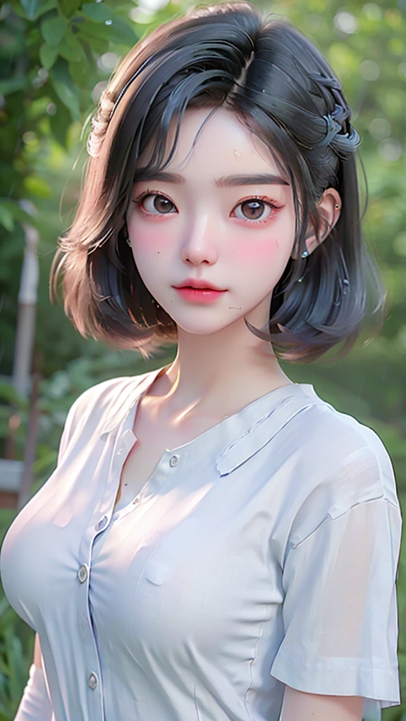 ((Best Quality, 8K, Masterpiece: 1.3)), Sharp: 1.2, Perfect Body Beauty: 1.4, Slim Abs: 1.2, ((Layered Hairstyle, Big Breasts: 1.2)), (Wet White Button Long Shirt: 1.1), (Rain, Street: 1.2), Wet: 1.5, Highly detailed face and skin texture, detailed eyes, double eyelids, face looking at the camera, boobs, push up bra