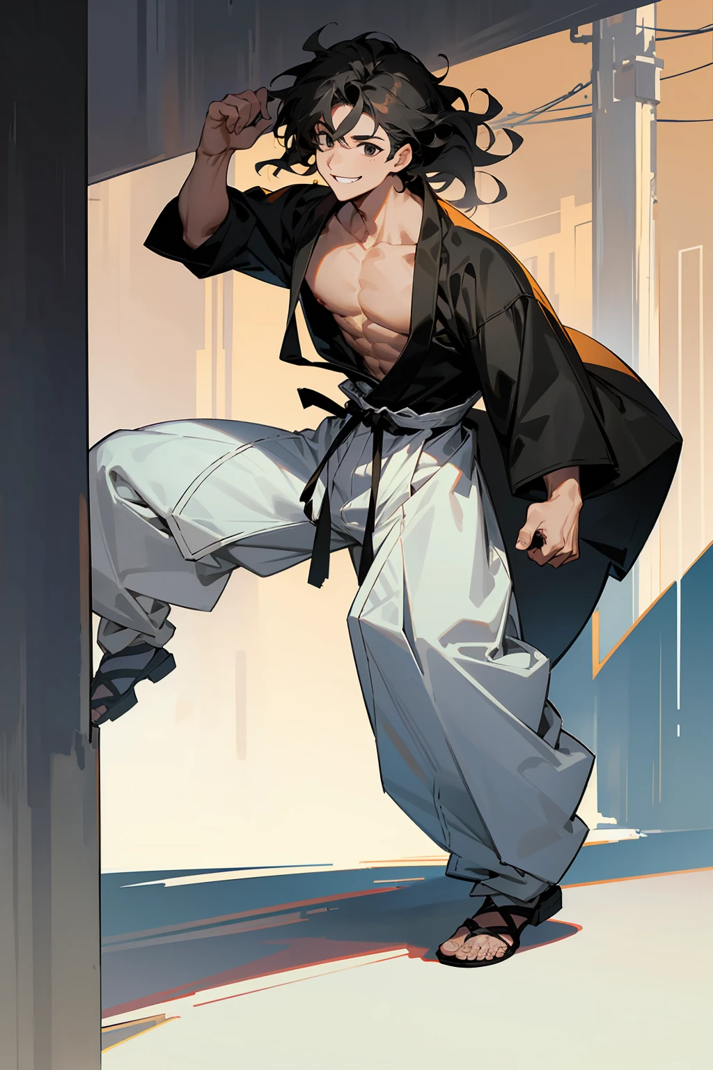 1male , Muscular , Wavy Hair , Low Cut Hair , Black Eyes , Smiling Expression , Black Baggy Shirt , Baggy white pants ,Martial Arts Clothing, Modern City Background , Standing on sidewalk , Young Male