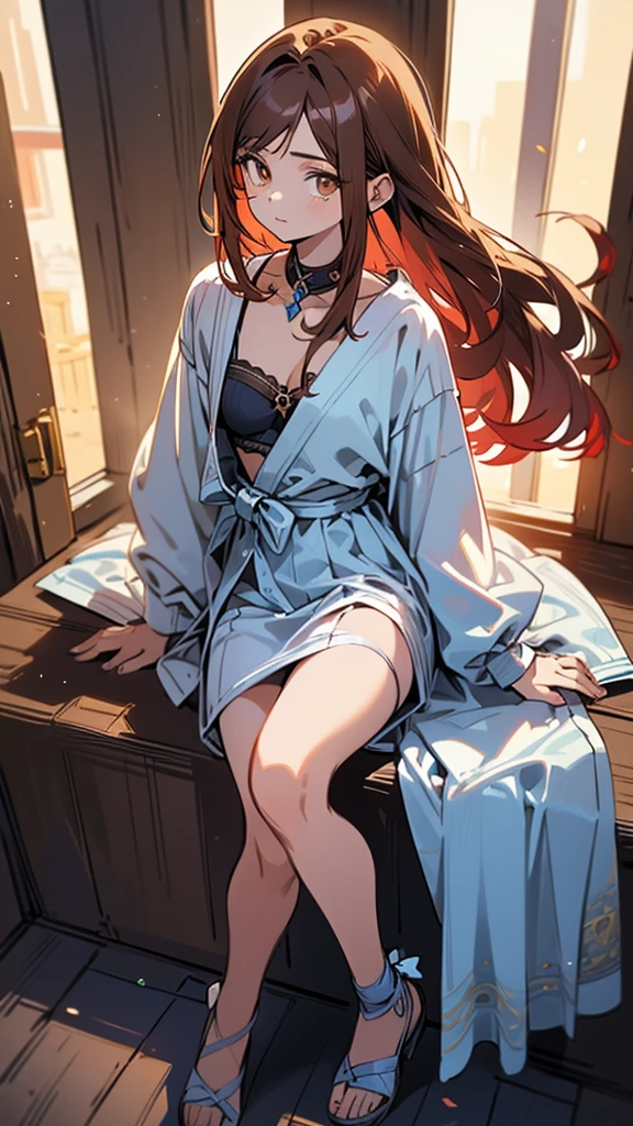 (highest quality, 4k, High resolution, masterpiece:1.2), Super detailed, (anime style, photorealistic:1.37), cinematic light, Bright colors and mesmerizing effects, Soft and delicate lighting, gentle shine, Beautiful and gentle atmosphere throughout the scene, (1girl:1.5), joven, (Cara finamente detallada:1.4, Ropa detallada), (Detallado:1.4) named (Eimi Fukada:1.1) BREAK Cara hermosa, Profundidad de campo, Agregar capa, 27 years old, Modelo de cuerpo perfecto, senos perfectos, 175cm de altura, pose sexy, full body, cuerpo completo, Tipo de cuerpo del modelo, BREAK (dark blue micro bikini:1.0), (Cabello largo:1.3), (brunette:1.1), dark brown hair, doble parpado, (reddish brown eyes:1.5) BREAK blush, long hair, nijistyle, panty pull, undressing, sitting, panties around ankles