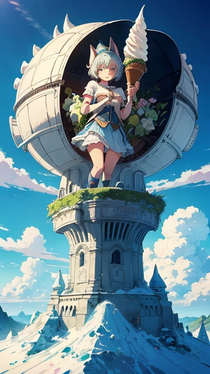 Maurice Sendak, Margaret Tempest, Elsa Beskow, Mateusz Urbanowicz, Tōshi Yoshida, Surrealism, wonder, bizarre, fantastical, fantasy, sci-fi fantasy, anime, land of wild ice cream, beautiful girl in a miniskirt going on an adventure on an airship, perfect voluminous body, ice cream cones towering like ancient ruins, fresh cream volcano, forest of popsicles, ice cream mountains, detailed masterpiece Hyper realistic sharp focus embarrassing shy blushing happy zoom in