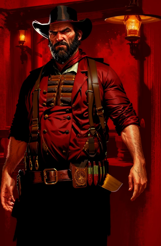 R3DD34Dstyle, digital portrait, big beard, cowboy, Meticulous Facial Features, patronage, red background