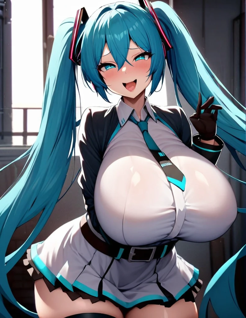hatsune_miku, 1girl, solo, long hair, looking at viewer, smile,gigantic huge breasts, open mouth, bangs, blue eyes,house background, darkened room,thigh highs, gloves, dress, bow, ribbon,twintails, very long hair, blue hair, hair bow, belt, tie,pulls her chest in with her arms,very near,lascivious,Females in heat,lecherous look,SFW,Blowjob Gestures