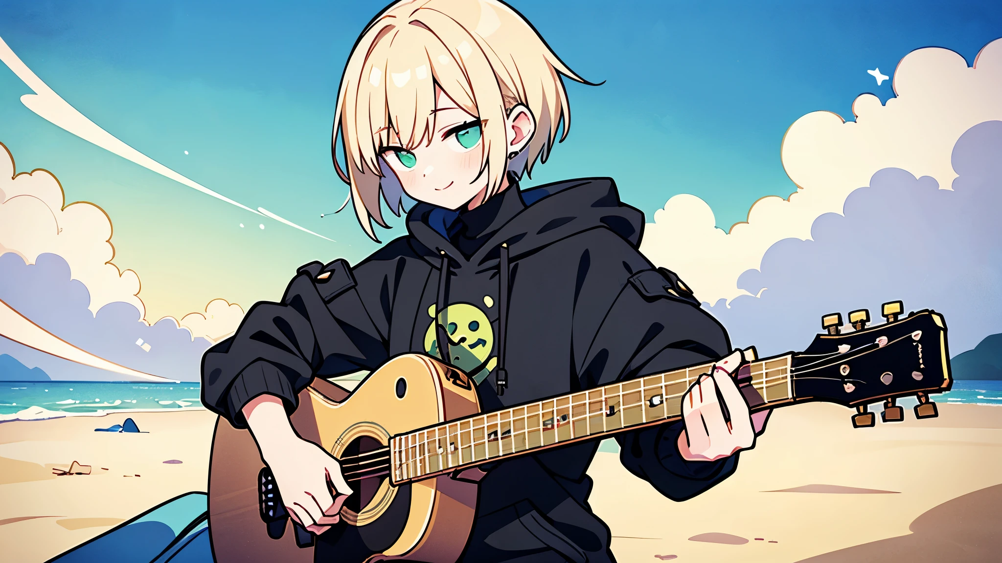 ((highest quality)), ((masterpiece)), (be familiar with), (Playing guitar on the beach)short hair、perfect face,white half-up hair,green mesh blonde、Smoke a cigarette、cool black hoodie,headphones,black gloves,turtleneck,alone,İcon、profile、Right beside、Expressionless、smile、Light-colored clothing