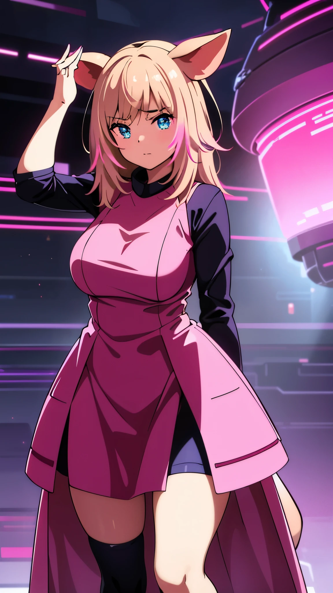 A beautiful girl with pig ears and a pig nose, wearing a pink dress, hugging a large robot with the face of a human man, in a futuristic sci-fi landscape with neon lights, glowing lines, and floating elements, highly detailed, masterpiece, digital art, cinematic lighting, vibrant colors, photorealistic