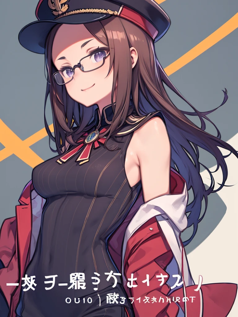 anime, Foggy, Dark brown hair, Long Hair, Purple eyes, Red glasses, Large Breasts, taxi driver hat, Pinstripe coat, Green Sleeves, Capri Pants, Staring at the audience, Happy, smile, 上per body, Portraiture, Simple Background,