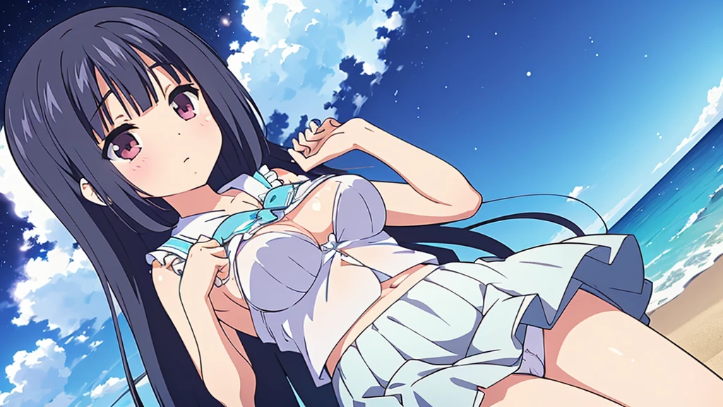 A nice white shirt that lets you see. 、Light blue flared skirt with ruffles、She lifts her skirt with both hands to show off her pretty white underwear.、Cute white underwear visible when you lift your skirt.、sandy beach, beautiful sea, night and starry sky small breasts