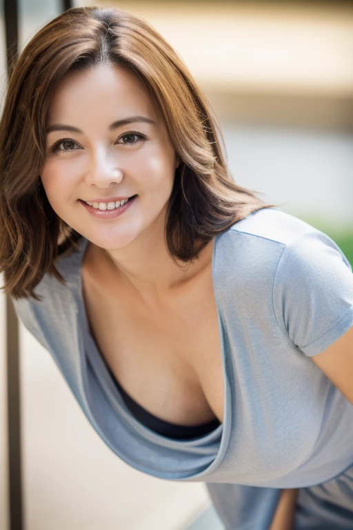 ((Highest quality, 8K, Tabletop :1.3)), Sharp focus :1.2, Beautiful mature woman, 40 years, Mature Woman, ((Loose fitting T-shirt)), Down blouse, ((Leaning forward)), (Beautiful breasts), (smile:1.15), Open your chest wide、Highly detailed face and skin texture, Fine grain, (Round face:1.4), Outdoor
