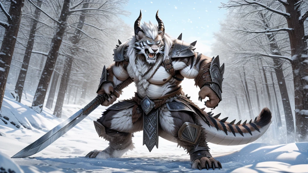 head、Animal cat face、A pair of dragon horns,Full body of fluffy white hair、Heavy breathing、Gnashing of teeth,Serious expression,Fluffy belly、Leather Armor,Viking style,wildcat、blue eyes,(contour)Full body covered with long white hair、Hairy body、Long and thick armpit hair、Fangs、4K,Black and white photo tree background,Snow Scene,Sharp claws、Capture the composition of the whole body、Fighting stance with weapons/斧head/spear/hammer/Great Sword
