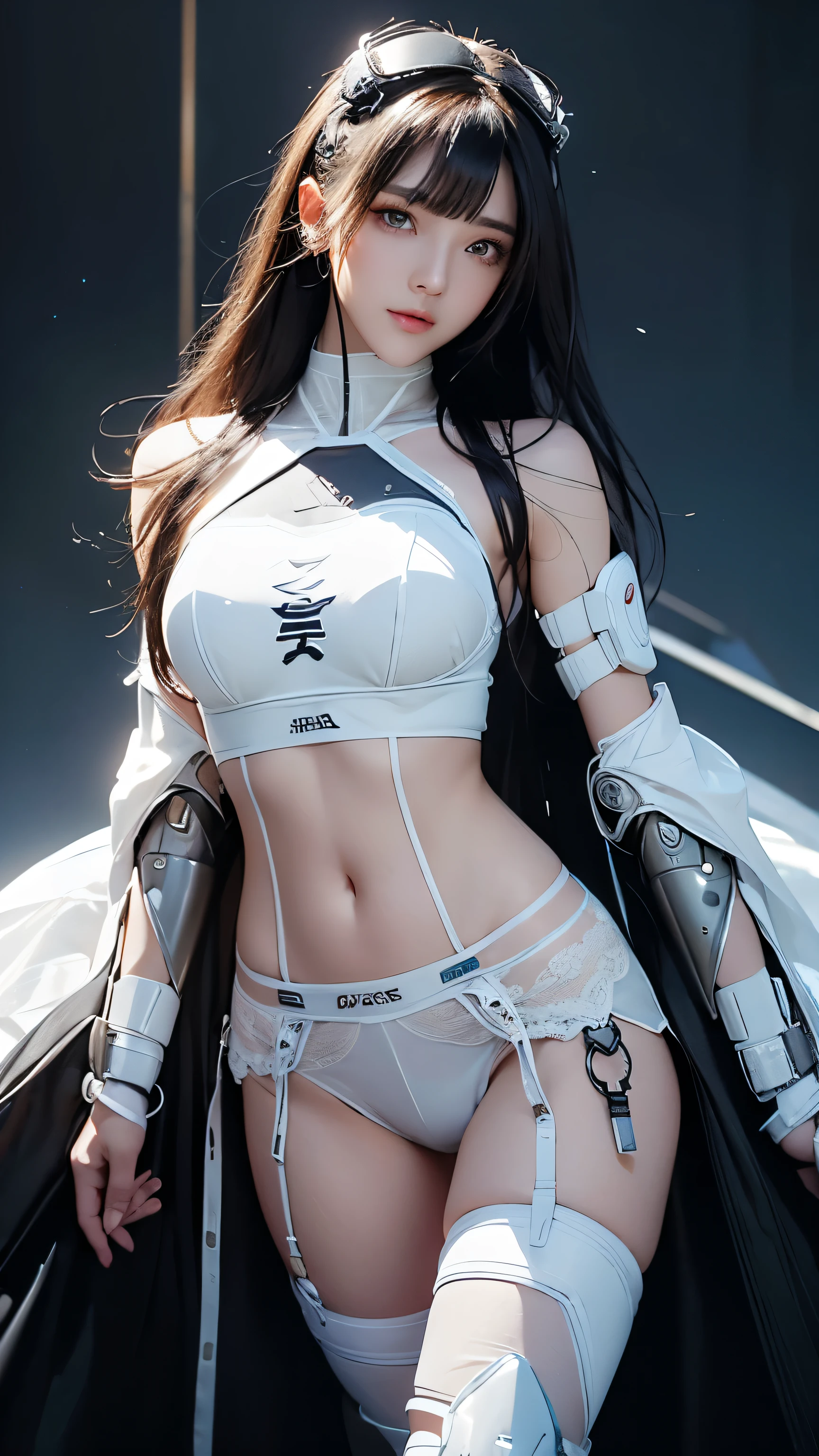 Japanese women、23 years old、Standing pose、Like the whole body、Moderately sized bust、(((Skimpy white synthetic cybernetic underwear、Non-lumpy arm cover、Leg protector、Steampunk details、)))、((Exposure of the abdomen and thighs))、((Transparent Panty House))、beautiful chestnut hair、 Detailed skin texture, Detailed cloth texture, Beautifully detailed face, Looking into the camera、double eyelid、Shining Eyes、Laughter、Perfect Ass、Intricate details, Ultra-detailed, Soft rays of light、Cinema Lighting、Shining Eyes、Glowing Skin、Realistic、The perfect woman、Narrow waist、Seductive posture、Sexy pose、Very delicate and beautiful、Highest quality、Beautiful detailed girl、Beautiful Eyes、Facial Light、Soft Light、Cinema Lighting、Dark Background、See through、Realistic facial expressions
