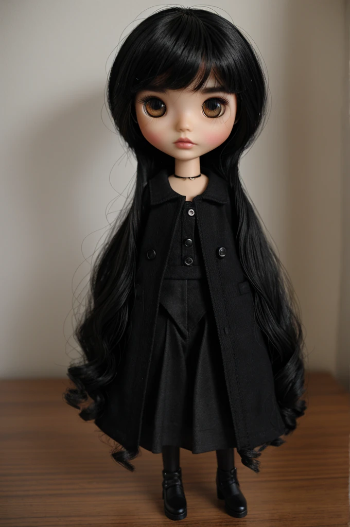 Single Blythdoll with black eyes and black eyebrows, black medium hair, fair skin color, black clothes