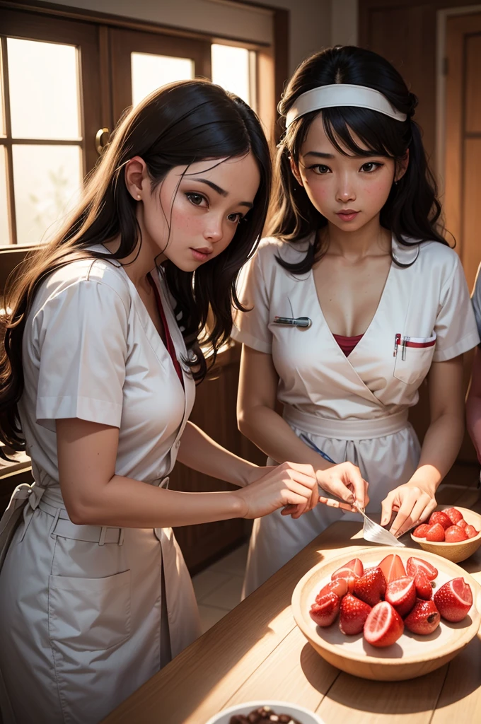 Five female nurses washing fruits at a wedding