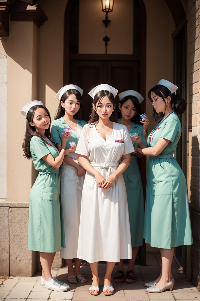 Five female nurses washing fruits at a wedding