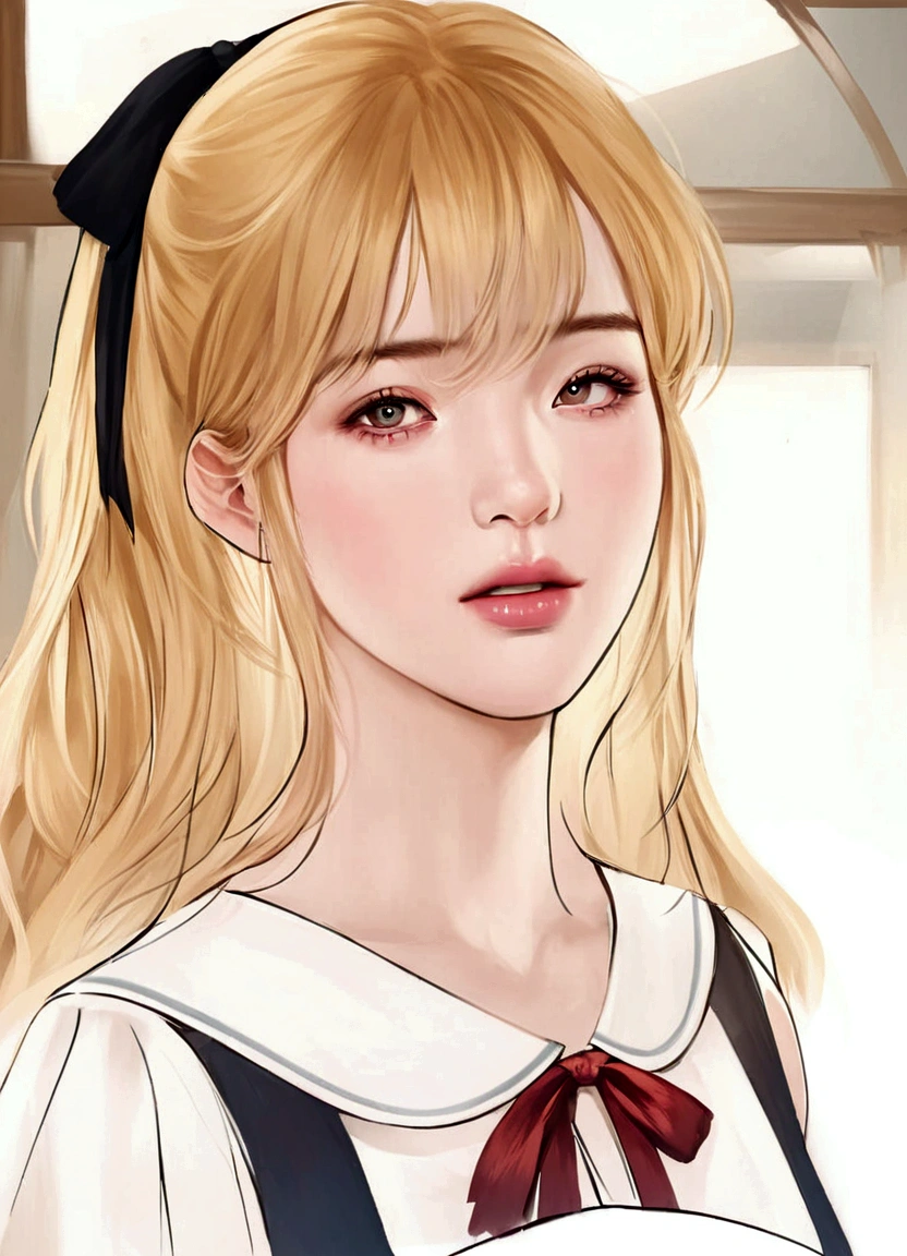 a close up of a woman with blonde hair and a bow, kawaii realistic portrait, in the art style of bowater, blonde girl with long hair, smooth cg art, realistic , visual of a cute girl, realistic young girl, sakimi chan, semi realistic , painted in painter studio, 🤤 girl portrait
