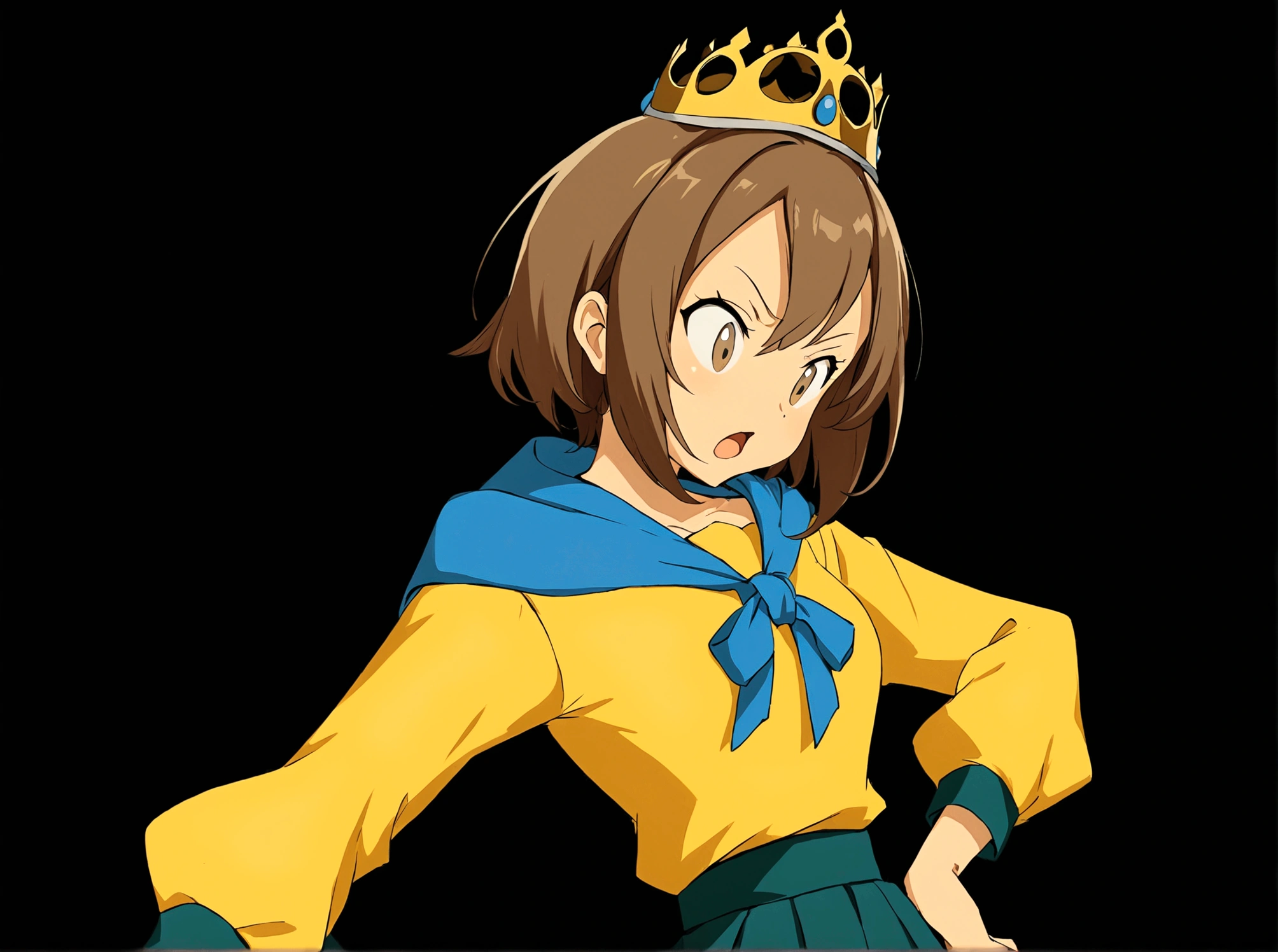 1girl, solo, short hair, open mouth, skirt, simple background, brown hair, shirt, long sleeves, brown eyes, parody, looking down, crown, black background