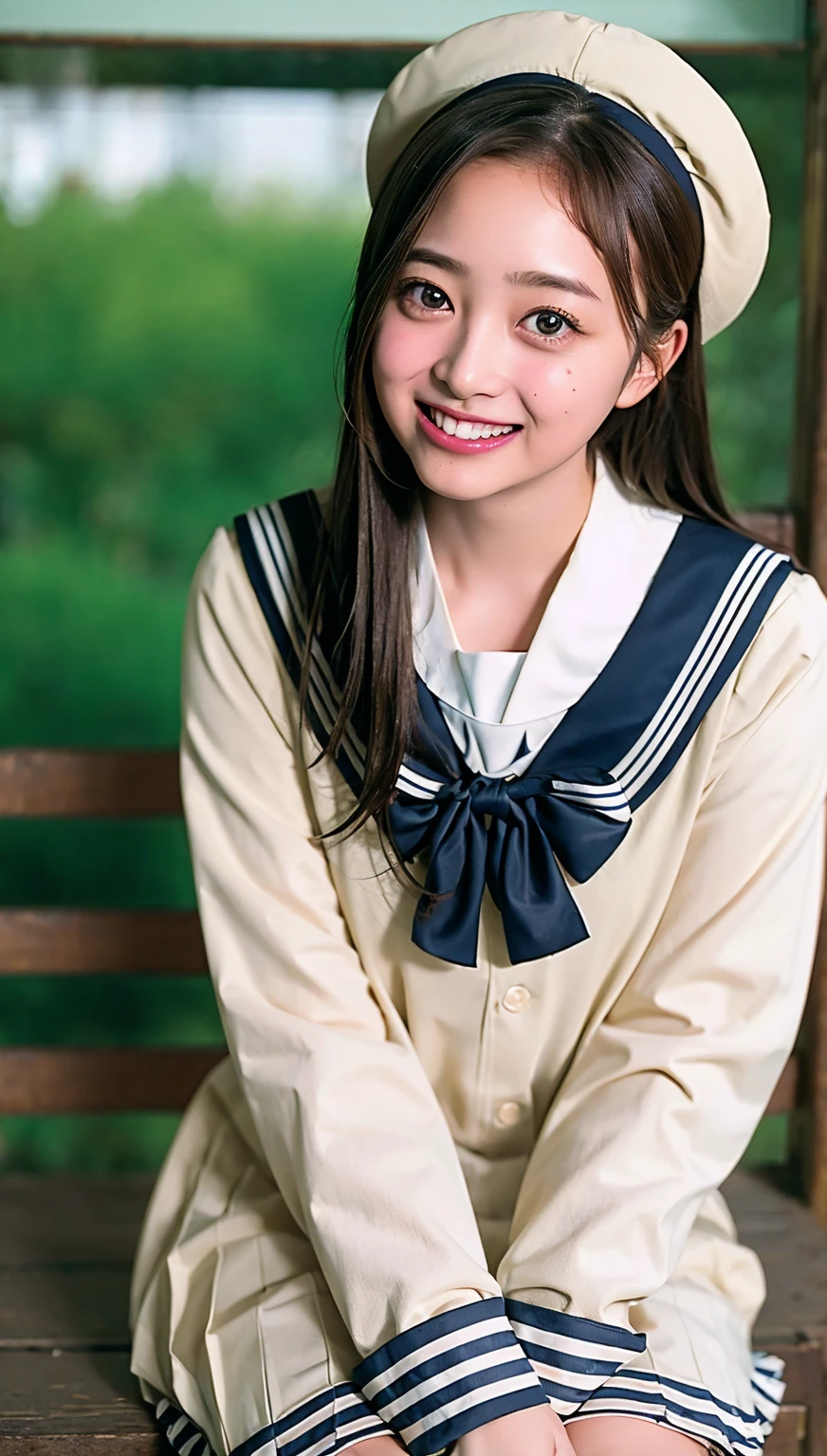 (((cowboy shot))),Ultra-high resolution,big eyes,(brown eyes),Japanese,(forehead),(a girl),(1 girl),(()),(cute),pretty,((facing at viewer)),grin,(((white school sailor uniform))),pleated skirt,(sitting),(thick thighs)