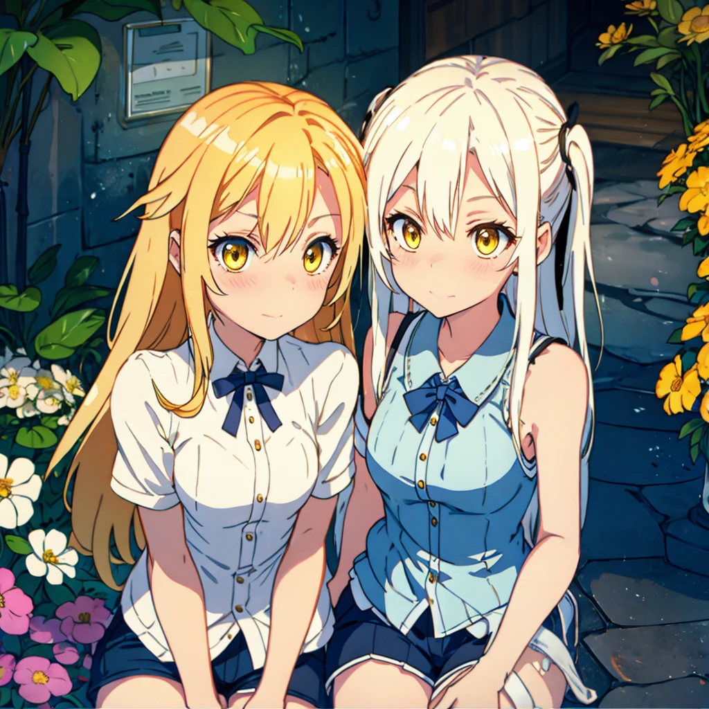 A girl with dog ears and tail, honey yellow eyes, wide,((( White)))hair, whole body, denim shorts, Translucent blouse, beautiful body, face (detailed), detailed skin, from the front looking up sitting on a bench around an interior garden with plenty of flowers and plants, fondo detailed, The best quality, 8k, Masterpiece, smiling, ojos detaileds, 