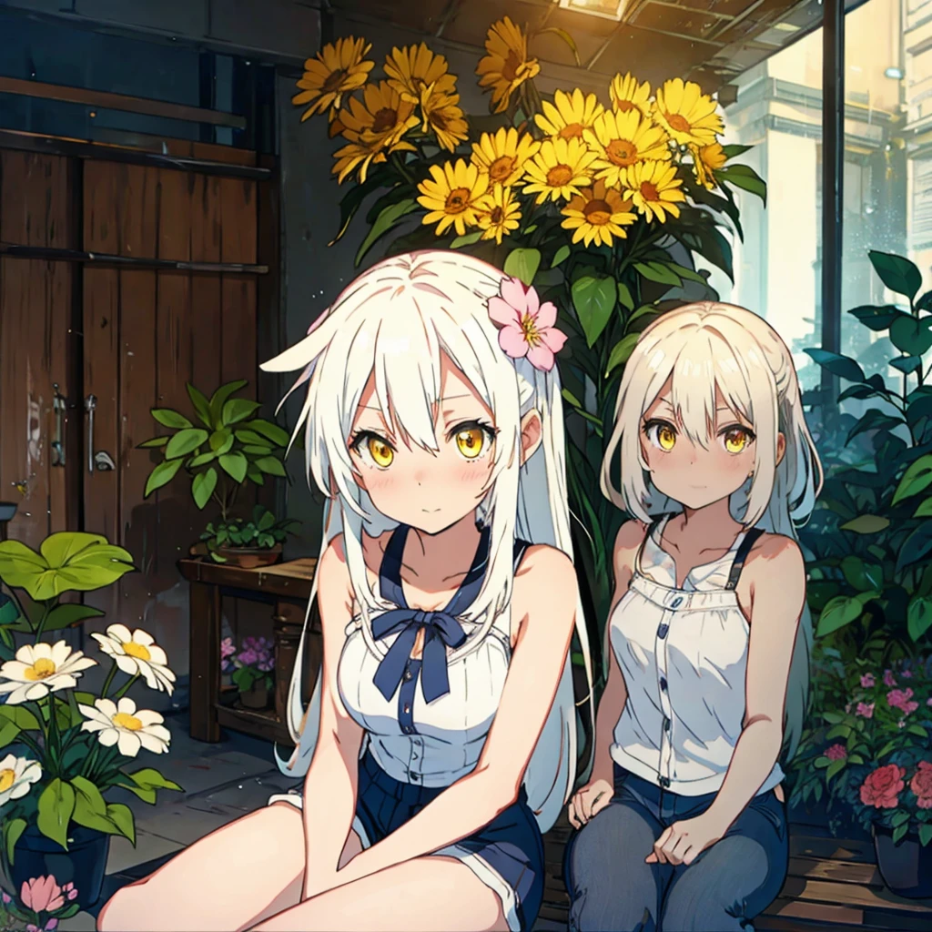 A girl with dog ears and tail, honey yellow eyes, wide,((( White)))hair, whole body, denim shorts, Translucent blouse, beautiful body, face (detailed), detailed skin, from the front looking up sitting on a bench around an interior garden with plenty of flowers and plants, fondo detailed, The best quality, 8k, Masterpiece, smiling, ojos detaileds, 