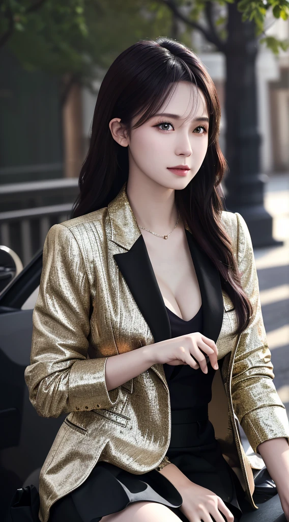 best quality, masterpiece, 1girl, Beautiful face, (photo realistic:1.3), rim lighting, (high detailed skin:1.2), 8k uhd, dslr, high quality, high resolution, 4k, 8k, Bokeh, absurdres, best ratio four finger and one thumb, (realistic:1.3), cute 1girl, wearing black formal blazer, medium breasts, short skirt,